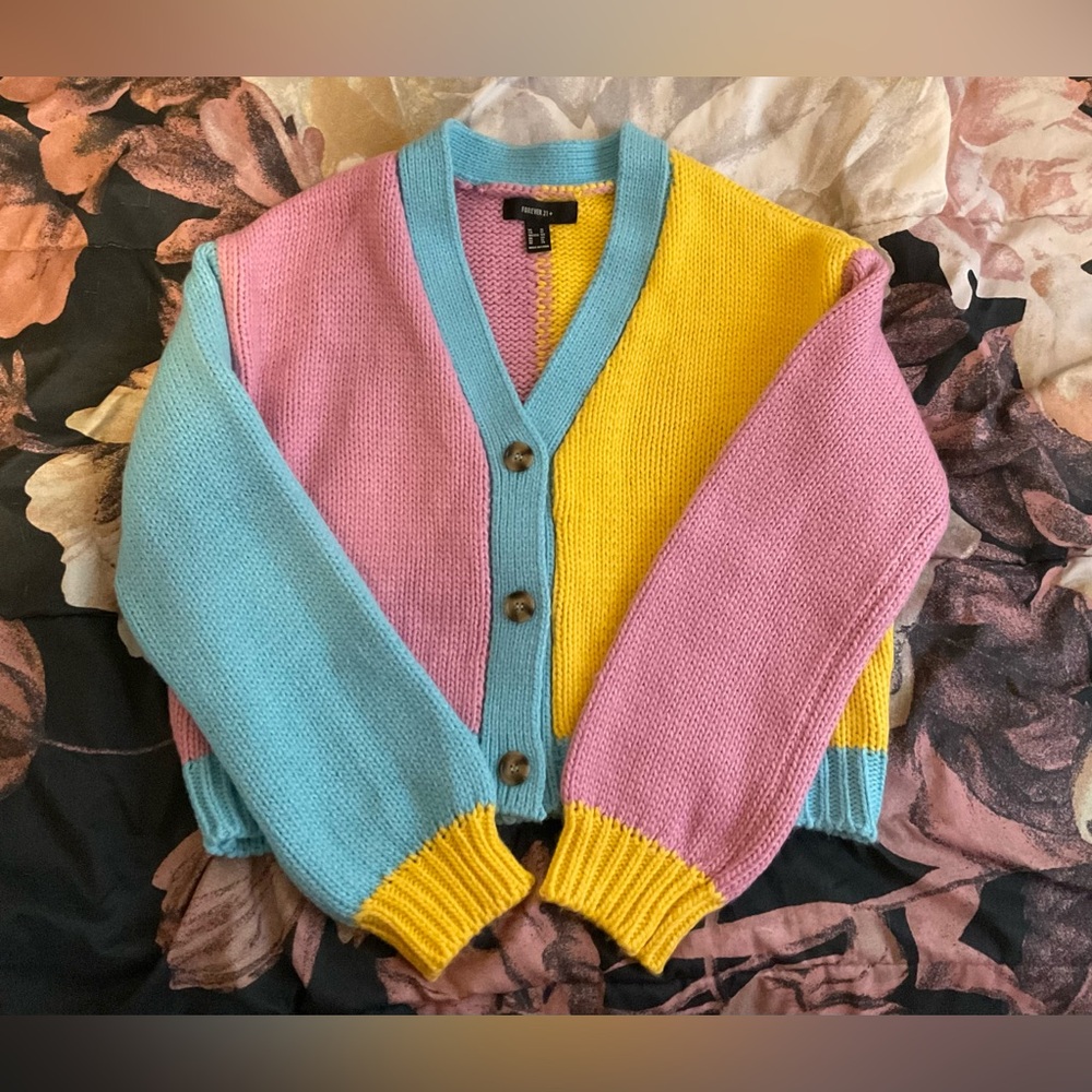 Blue,pink,and yellow cropped knitted cardigan from FOREVER 21